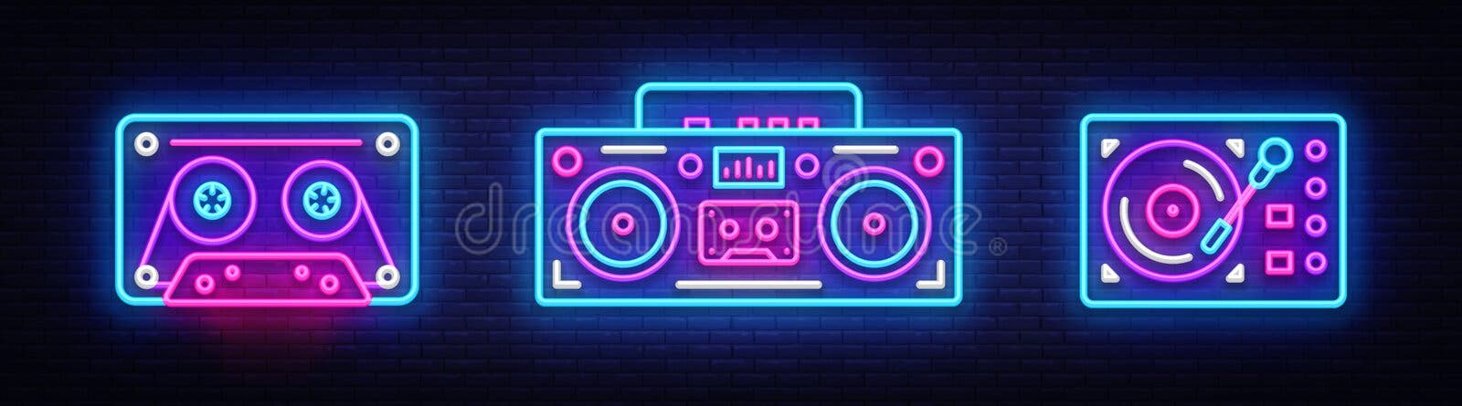 Stor samlingsneonallsång Retro beståndsdelar för design för musikneonsymboler Dra tillbaka till banret för ljus 80-90s, modern tr Stor samlingsneonallsång Retro beståndsdelar för design för musikneonsymboler Dra tillbaka till banret för ljus 80-90s, modern tr