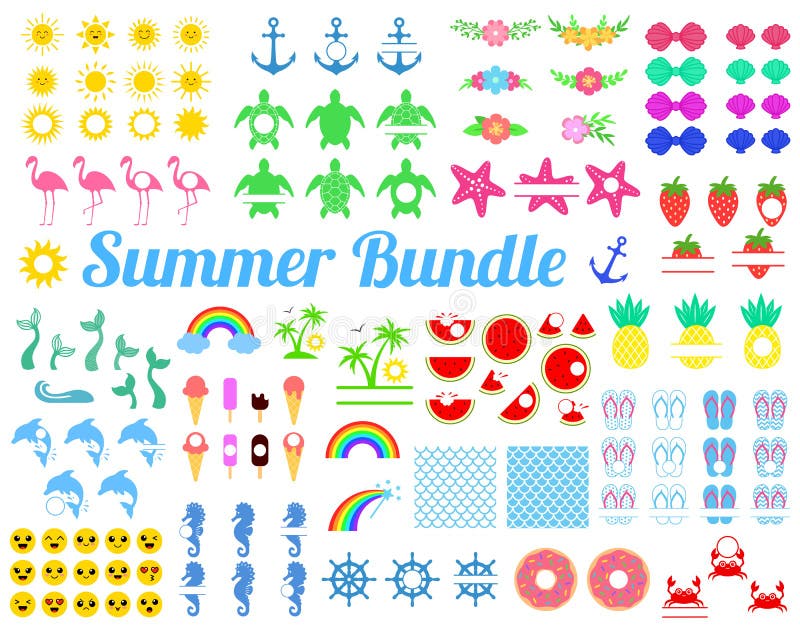 Stor sommarpacke med designbeståndsdelar Sköldpadda sol, seahorse, sjöjungfrusvans, regnbåge, flamingo, vattenmelon, ananas, delf vektor illustrationer Stor sommarpacke med designbeståndsdelar Sköldpadda sol, seahorse, sjöjungfrusvans, regnbåge, flamingo, vattenmelon, ananas, delf vektor illustrationer