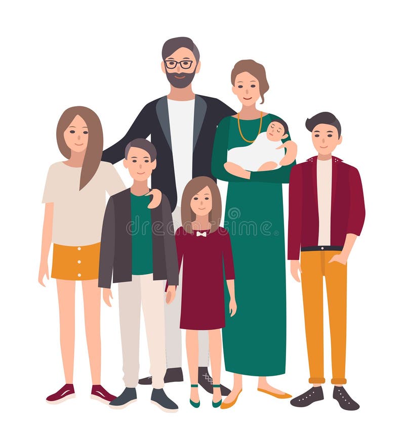stor stående för familj Europeisk moder, fader och fem barn Lyckligt folk med släktingar Färgrik lägenhet royaltyfri illustrationer stor stående för familj Europeisk moder, fader och fem barn Lyckligt folk med släktingar Färgrik lägenhet royaltyfri illustrationer