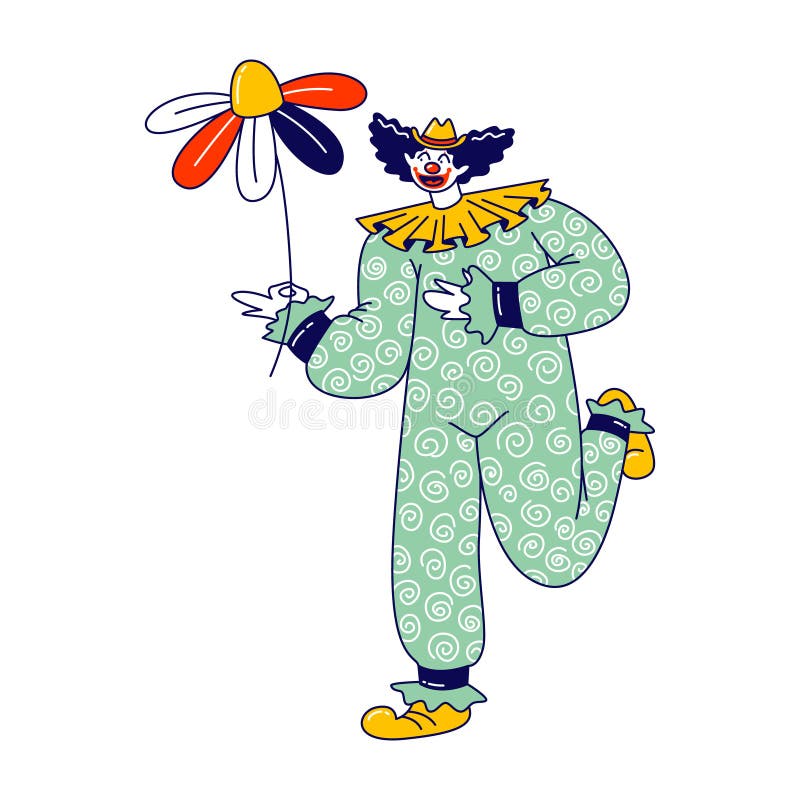 Stor, toppstyrd karaktär med stor blomma. Kringercirkus för jesterskådespelare i roligt kostym vektor illustrationer
