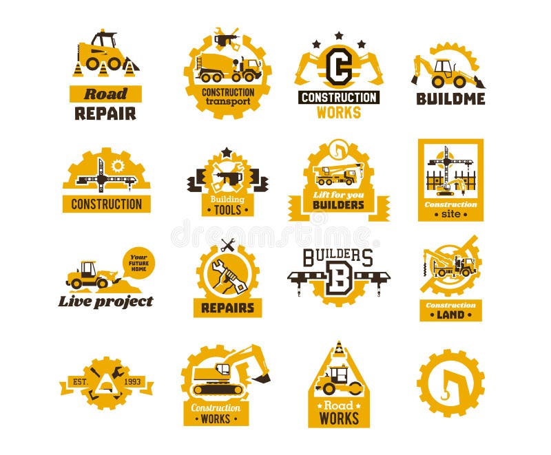 Stor uppsättning av logoer på temat av konstruktion Byggande maskineri, transport, yrkesmässig utrustning och hjälpmedel skrovlig royaltyfri illustrationer Stor uppsättning av logoer på temat av konstruktion Byggande maskineri, transport, yrkesmässig utrustning och hjälpmedel skrovlig royaltyfri illustrationer