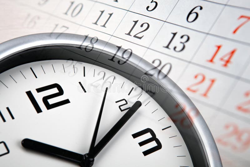 Large white clock face with calendar sheets closeup. Large white clock face with calendar sheets closeup