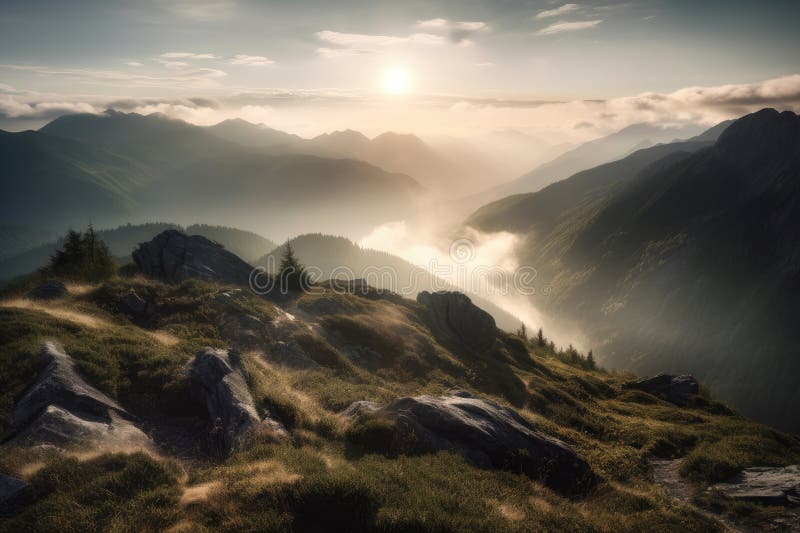 Stora bergsklättar täckt av dimma som ger en panoramisk syn på dalen med solen som går genom molnen royaltyfria bilder