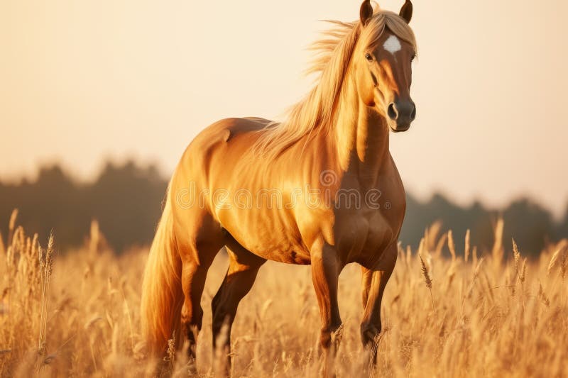 Stora hästar i golden vete vid solnedgångs kommersiella fotostudio med belysningsfoto arkivbild
