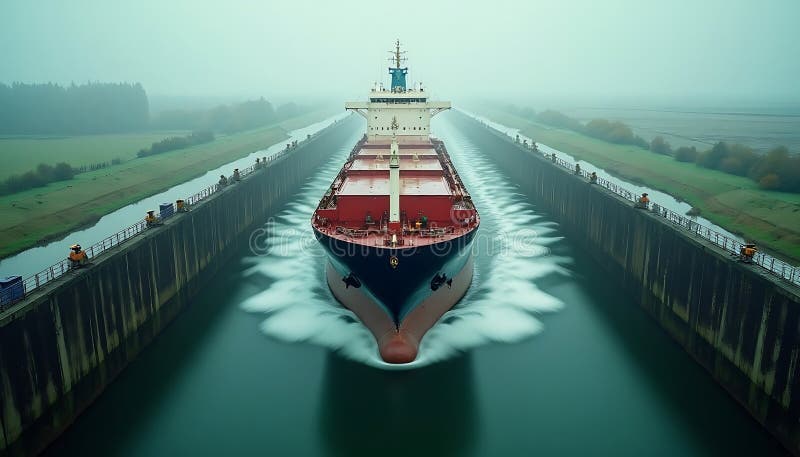 Stora lastfartyg som navigerar i smal kanal på Foggy Day royaltyfri illustrationer