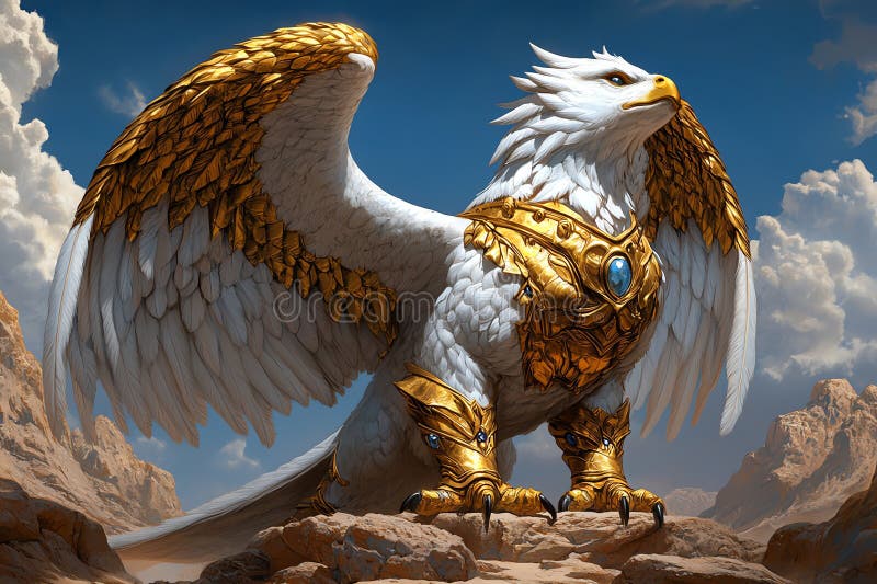 Stora mytiska griffiner adorberade med guldpansar som står stolt i ett bergigt ökenlandskap under blå himmel med moln vektor illustrationer