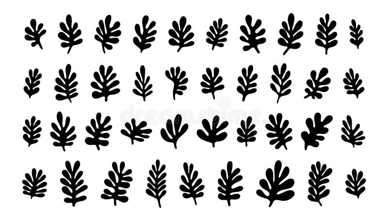 Stora mängder av enkla, handritade svarta bladformer. Matisse botaniska element för trendisk design vektor illustrationer