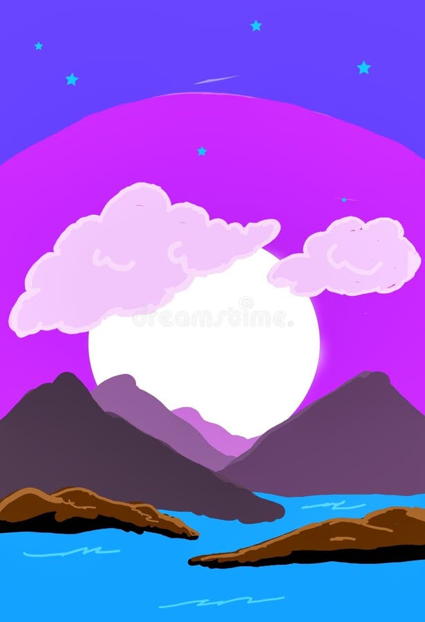 Stora månnatt med moln, berg och flod på landskapsbakgrund. stock illustrationer