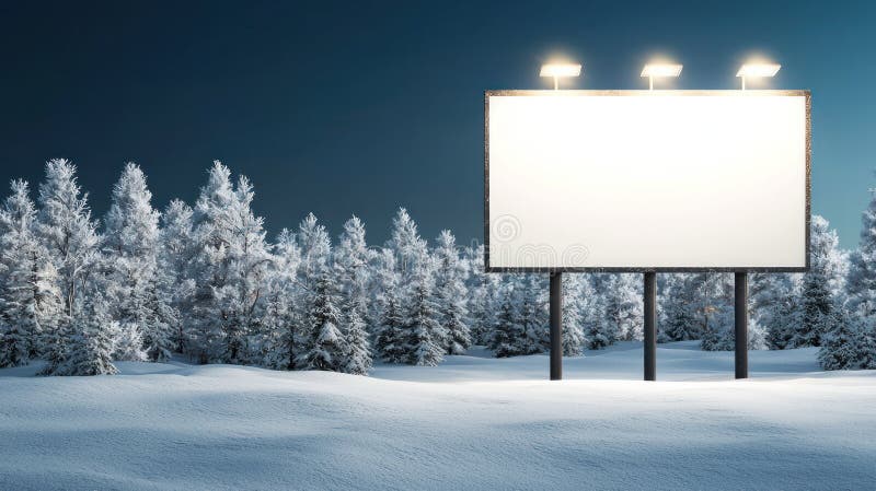 Stora tomma skyltar i avlägsna snöområden omgivna av frostade träd. ai genererad