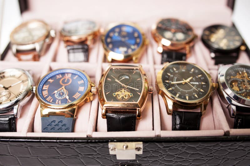 Storage Box with Collection of Men Wrist Watches Stock Image - Image of  fashion, present: 179563923