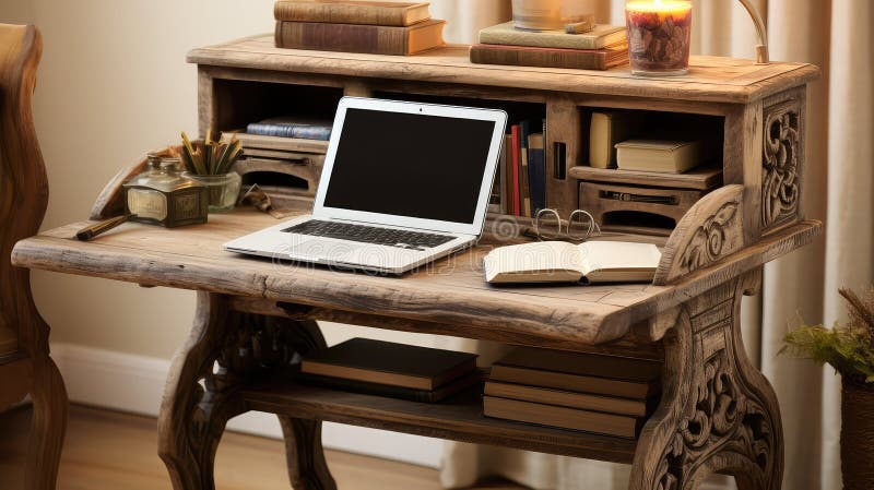 Storage laptop table illustration distressed carvings vintage charming workspace cozy ilustracja wektor