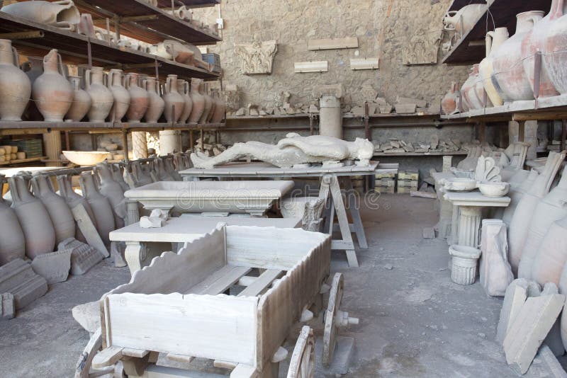 Storage Sheds in Pompeii Showing Cast of Body and Pots Editorial Stock