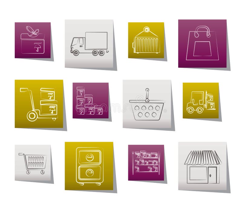 Storage, transportation, cargo and shipping icons stock illustration