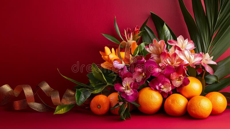 Stordimento di bouquet di fiori tropicali con agrumi immagini stock libere da diritti