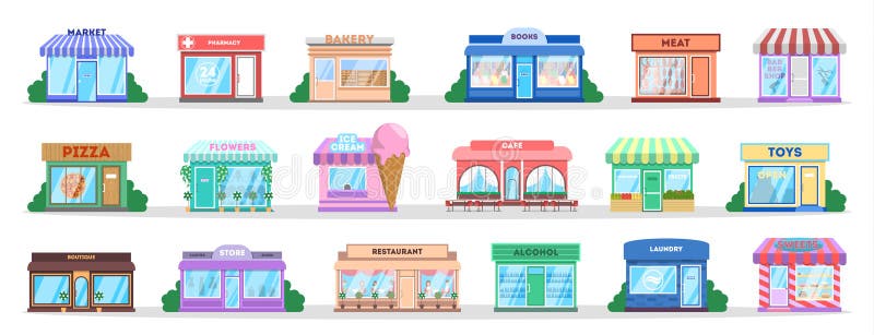 Store building set. Collection of city objects. stock illustration