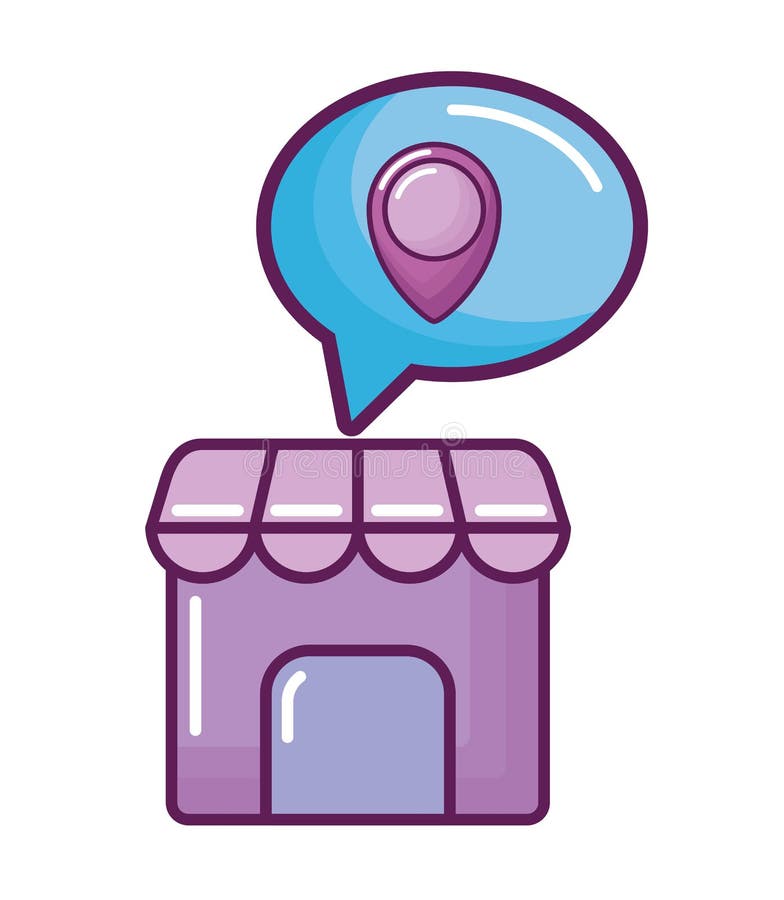 Store building with speech bubble and pin location stock illustration