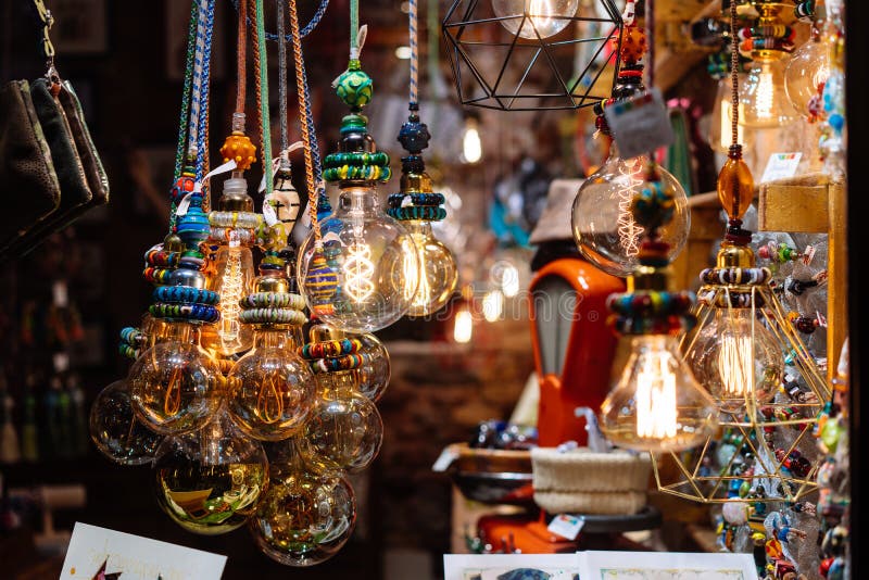 The Store is Decorated with Electric Light Bulbs Stock Image Image of