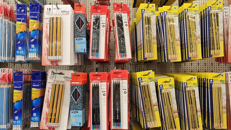 A variety of packaged pencils on a store display for sale, back to school royalty free stock photo