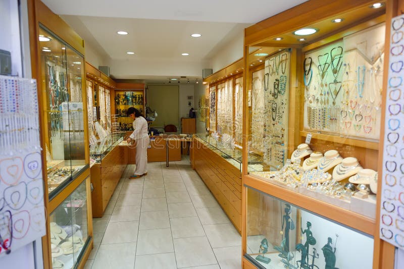 SANTORINI, GREECE - AUGUST 07, 2015: store interior. Santorini, classically Thera, and officially Thira, is an island in the southern Aegean Sea, about 200 km southeast of Greece`s mainland.