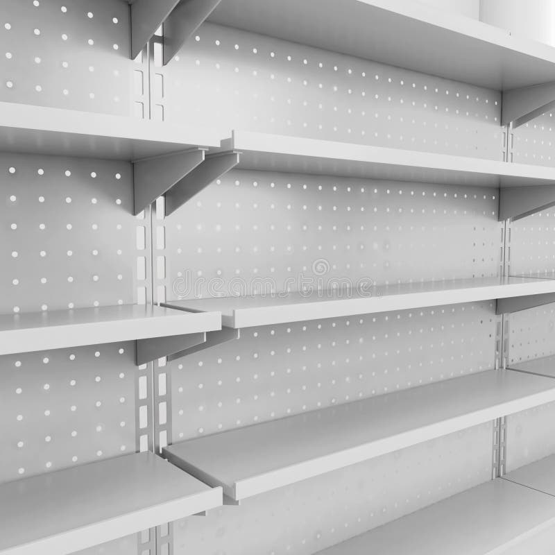Empty Supermarket Shelf. Retail Store White Blank Shelves for