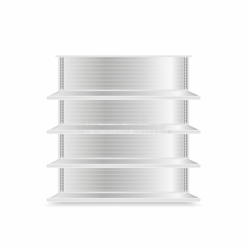 Store shelves mockup isolated on white background. Realistic supermarket metal shelves. Empty showcase vector illustration Store shelves mockup isolated on white background. Realistic supermarket metal shelves. Empty showcase vector illustration