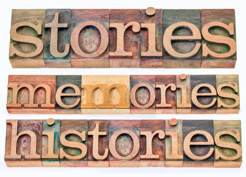 Stories, memories, histories words - collage of isolated text in letterpress wood type printing blocks. Stories, memories, histories words - collage of isolated text in letterpress wood type printing blocks