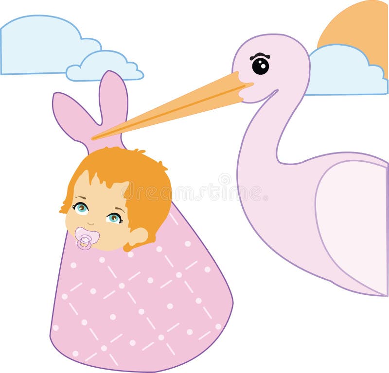 Stork and baby girl. Announcement card