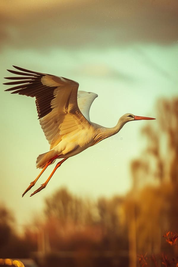 stork flying close-up. Selective focus. AI generated