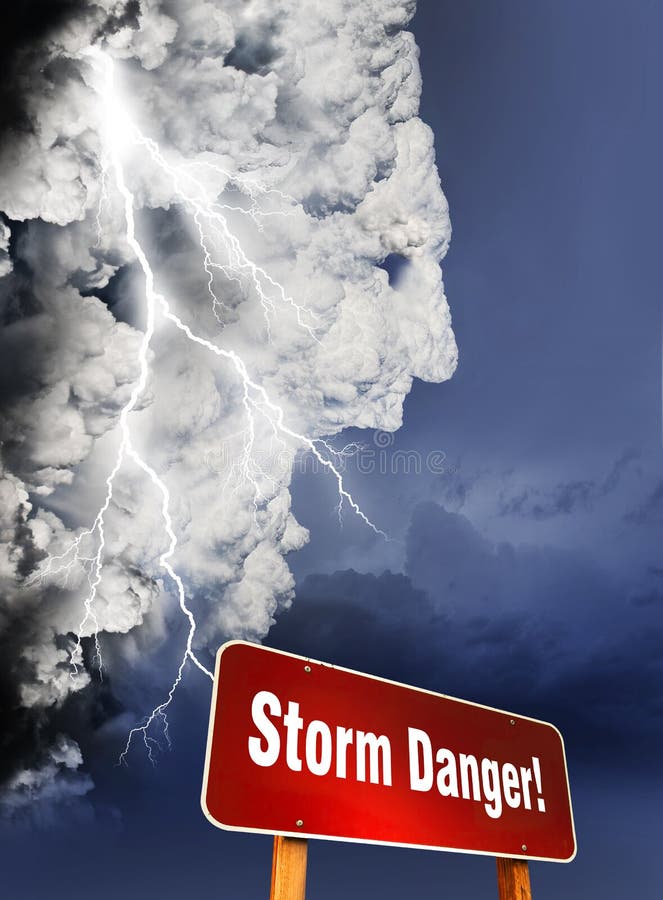 Storm is Coming. Dangerous storm cloud shaped in human head form. Human face storm cloud with lighting strike and storm danger sign royalty free stock photo Storm is Coming. Dangerous storm cloud shaped in human head form. Human face storm cloud with lighting strike and storm danger sign royalty free stock photo