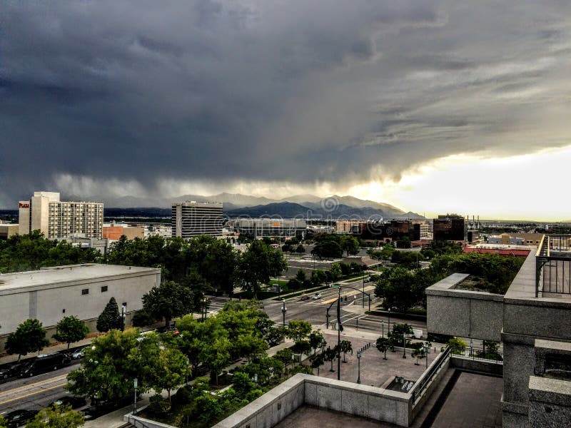 Storm over the Oquirrh Mountains and Salt Lake in Utah from Downtown Salt Lake City at Sunset