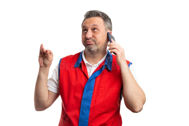 Bothered hypermarket or supermarket employee making blah-blah gesture and expression with hand as talking on phone isolated on white. Bothered hypermarket or supermarket employee making blah-blah gesture and expression with hand as talking on phone isolated on white