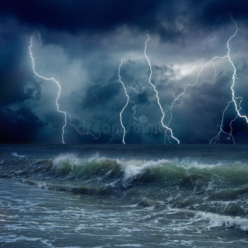 Dramatic nature background - lightnings in dark sky, stormy sea, big waves. Dramatic nature background - lightnings in dark sky, stormy sea, big waves