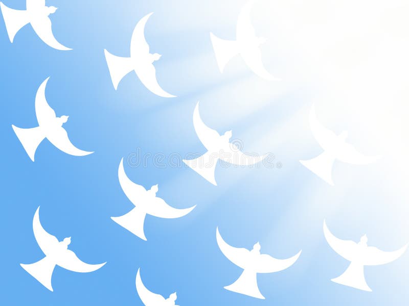 Stormo delle colombe bianche che volano al simbolo cristiano dell'illustrazione dei raggi luminosi di pace e dello Spirito Santo illustrazione di stock Stormo delle colombe bianche che volano al simbolo cristiano dell'illustrazione dei raggi luminosi di pace e dello Spirito Santo illustrazione di stock