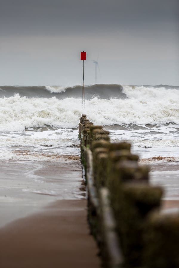 A stormy and blustery day at Blyth beach in Northumberland, as the waves batter the coast