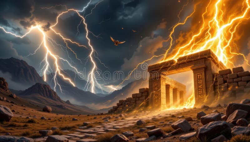 Stormy landscape with dramatic lightning bolts striking ancient ruins inscribed with glowing runes royalty free stock photos