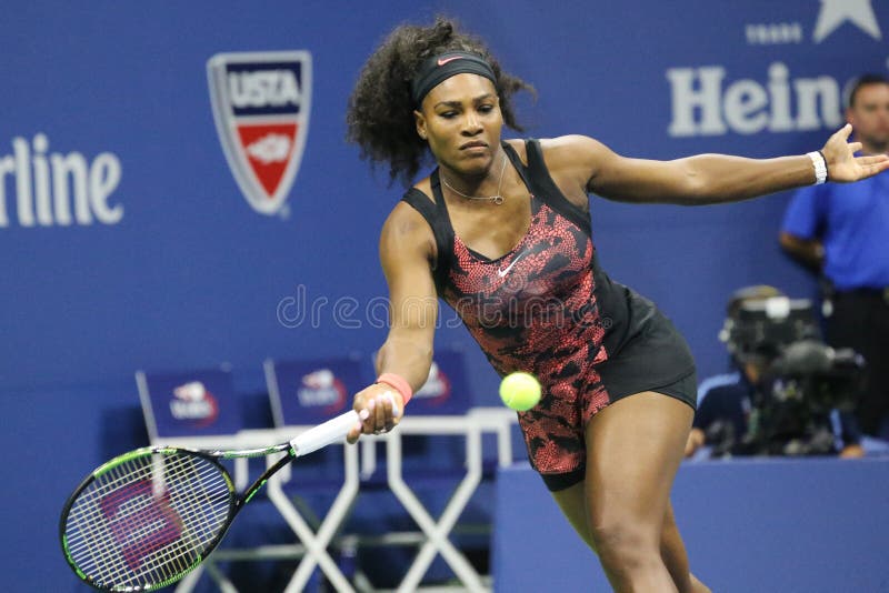 NEW YORK - AUGUST 31, 2015: Twenty one times Grand Slam champion Serena Williams in action during first round match at US Open 2015 at National Tennis Center in New York. NEW YORK - AUGUST 31, 2015: Twenty one times Grand Slam champion Serena Williams in action during first round match at US Open 2015 at National Tennis Center in New York