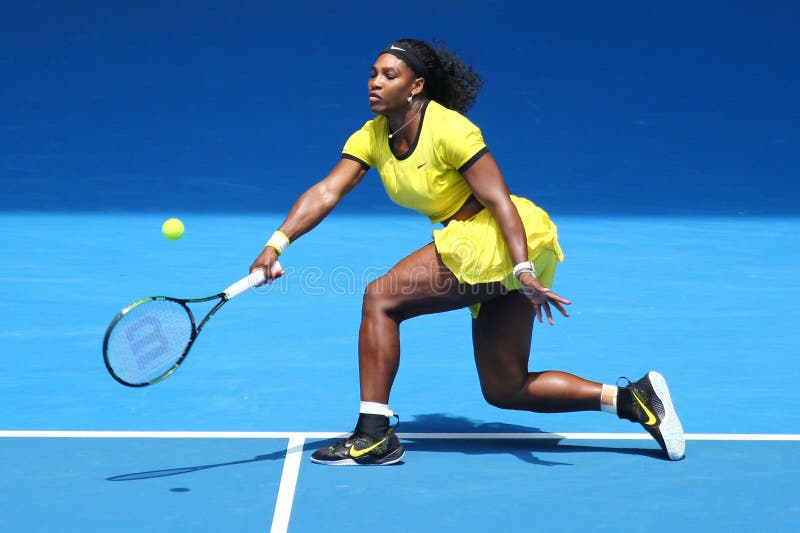 MELBOURNE, AUSTRALIA - JANUARY 26, 2016: Twenty one times Grand Slam champion Serena Williams in action during her quarter final match at Australian Open 2016 at Australian tennis center in Melbourne. MELBOURNE, AUSTRALIA - JANUARY 26, 2016: Twenty one times Grand Slam champion Serena Williams in action during her quarter final match at Australian Open 2016 at Australian tennis center in Melbourne