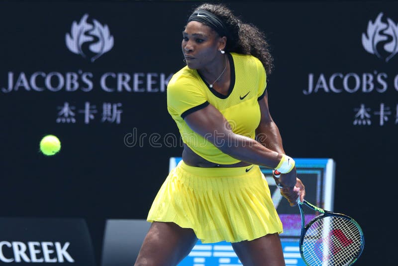 MELBOURNE, AUSTRALIA - JANUARY 26, 2016: Twenty one times Grand Slam champion Serena Williams in action during her quarter final match at Australian Open 2016 at Australian tennis center in Melbourne. MELBOURNE, AUSTRALIA - JANUARY 26, 2016: Twenty one times Grand Slam champion Serena Williams in action during her quarter final match at Australian Open 2016 at Australian tennis center in Melbourne