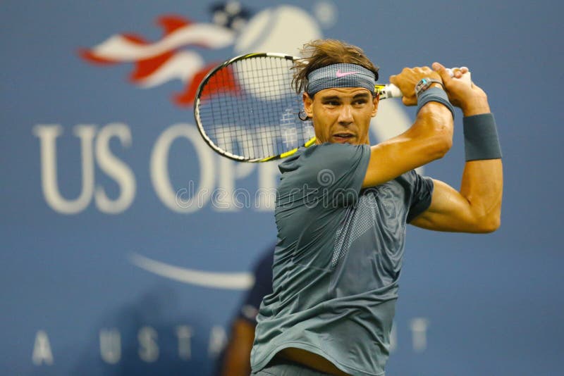 Storslagen Slam för tolv gånger mästare Rafael Nadal under den andra runda matchen på US Open 2013 arkivbild
