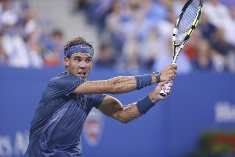 Storslagen Slam för tolv gånger mästare Rafael Nadal under den fjärde runda matchen på US Open 2013 arkivbild