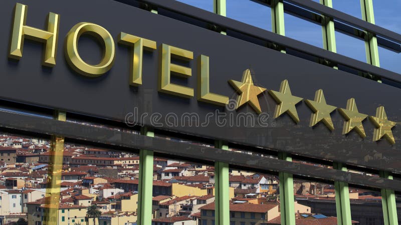 Stort metalliskt glass hotellteckenbräde med fem guld- stjärnor stock illustrationer