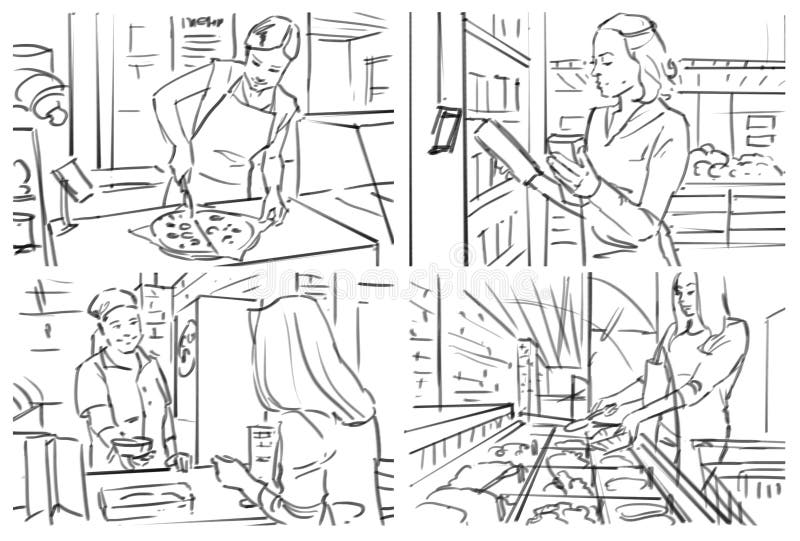 Storyboard of a grocery store interior vector illustration