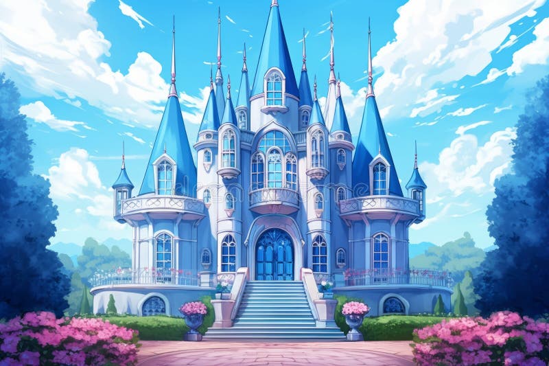 storybook castle house with a charming blue hue, Generative AI