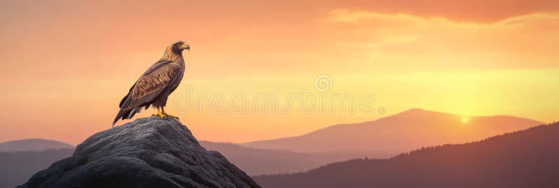 Storörn solnedgång bergstopp majestätisk örn som härjade i ett berg symboliserar den fria maktsynen ensamhet stock illustrationer