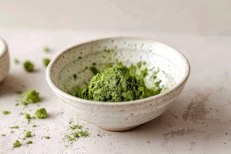 Stos w miseczce żywej zielonej herbaty matcha proszek z kopią. royalty ilustracja