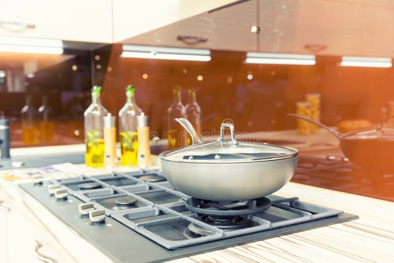 Stove with Pan on the Plastic Modern Kitchen Stock Photo Image of