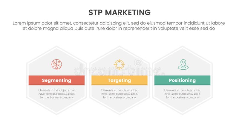 Stp marketing strategy model for segmentation customer infographic with big hexagon hexagonal horizontal 3 points for slide vector illustration