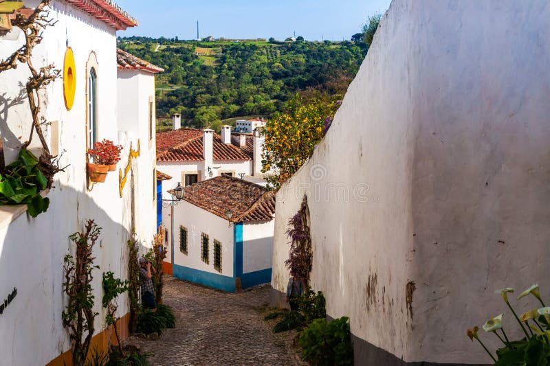 Stra?en von Obidos portugal Touristischer Bestimmungsort in Portugal lizenzfreie stockfotos Stra?en von Obidos portugal Touristischer Bestimmungsort in Portugal lizenzfreie stockfotos