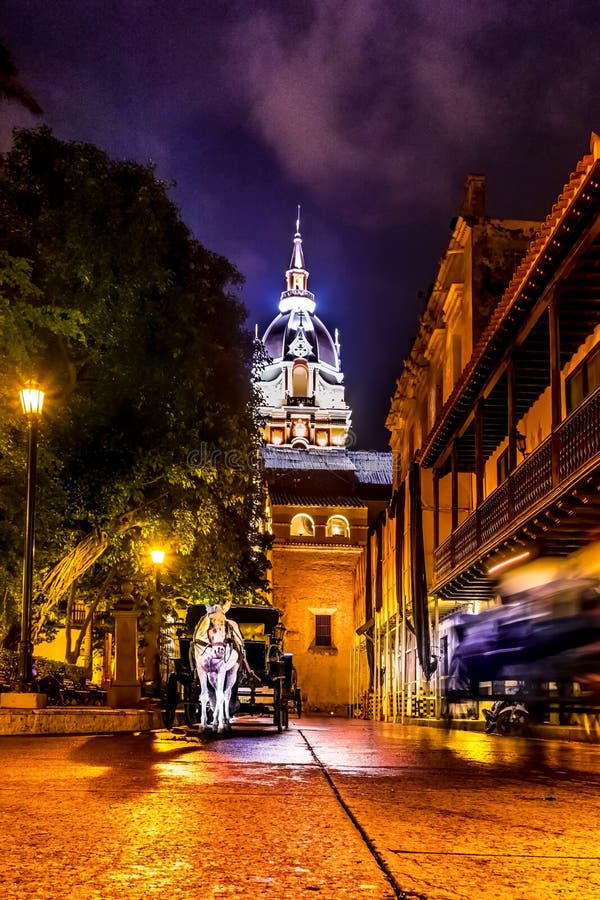 Straat en Santa Catalina de Alejandria Cathedral bij nacht - Cartagena DE Indias, Colombia stock foto Straat en Santa Catalina de Alejandria Cathedral bij nacht - Cartagena DE Indias, Colombia stock foto