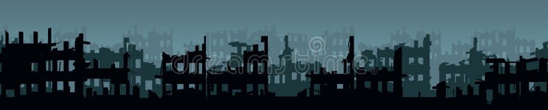 Strada bombardata. città in rovina. crepuscolo serale spaventoso. apocalisse naturale o di guerra. composizione orizzontale unifor royalty illustrazione gratis